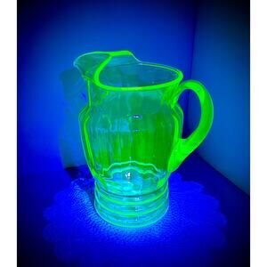 Green UV Reactive Glass Pitcher, Vintage 1930’s Unmarked 48 Oz - Uranium Glow
